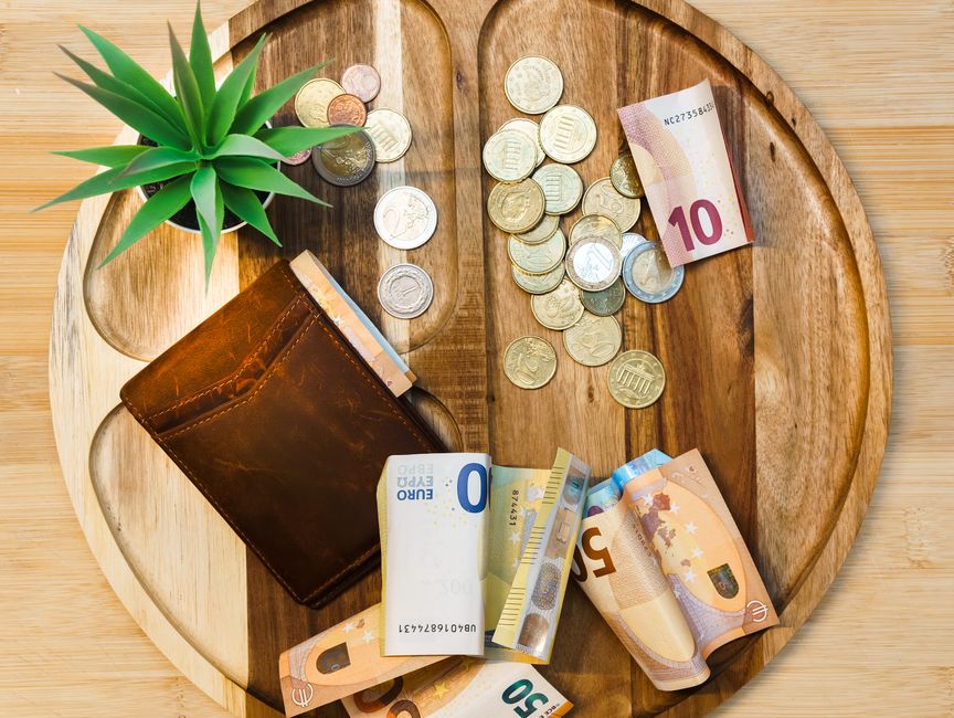 Euro banknotes and coins on a wooden tray with a wallet and plant.